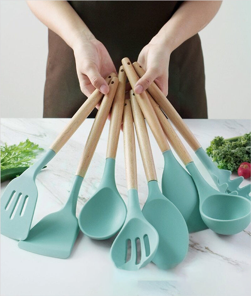 Silicone Utensils Kitchen Cooking Set with Wooden Bamboo Handles 12 Pieces