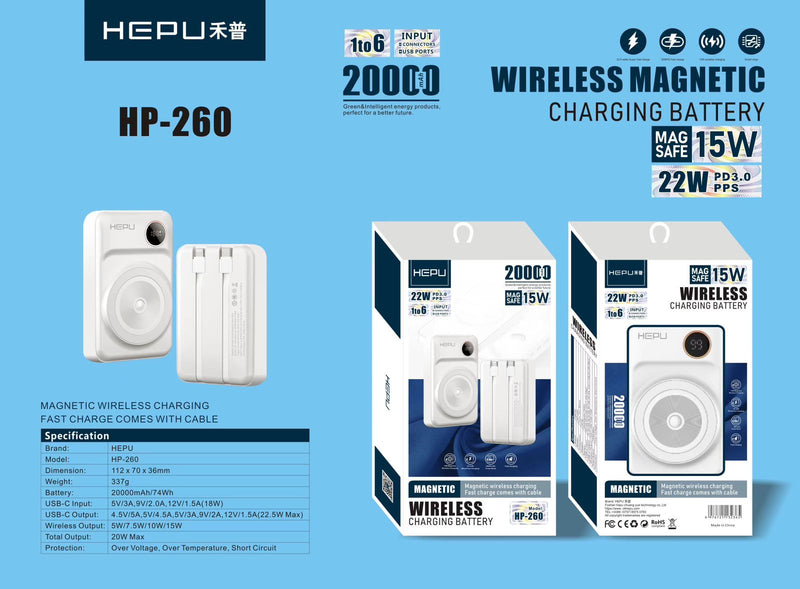 Compact and Powerful: HEPU HP-260 20000mAh Power Bank with Wireless charging system