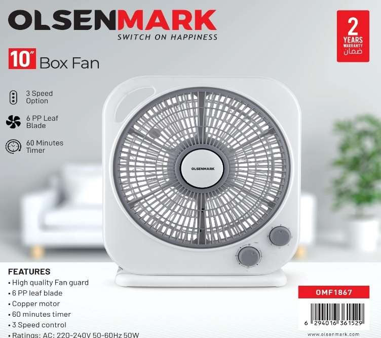 10"Box Fan 3 speed 60 mnts timer 1x4