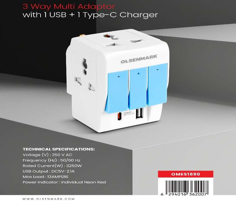 3 Way Multi Adaptor With Usb+1TypC 1x100