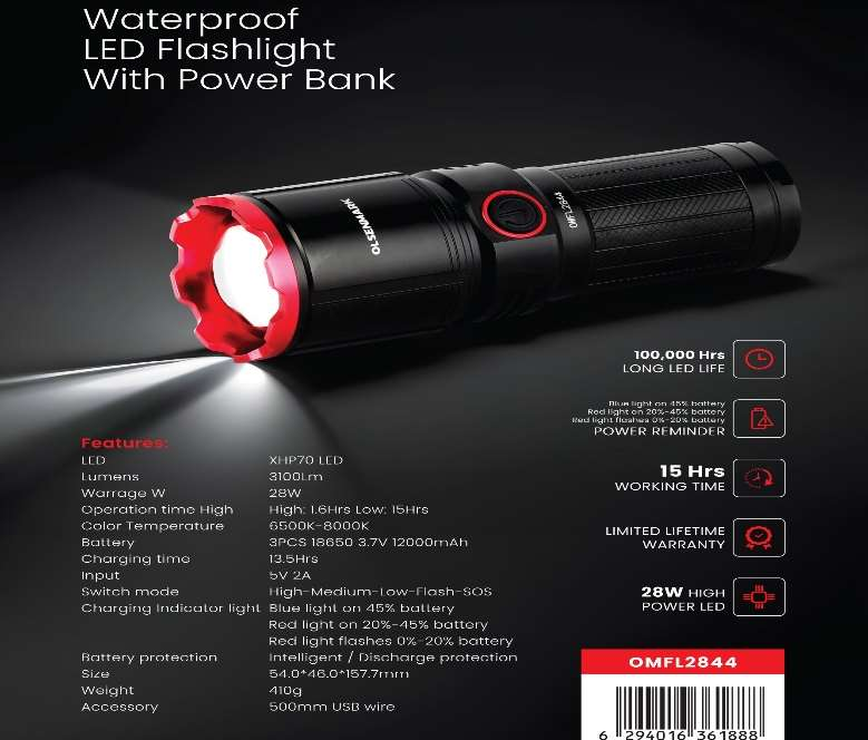 WaterProf Led FlashLght/PowrBnk/Zomng1x40