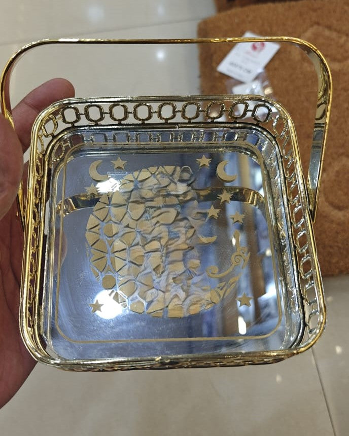 Gold-Tone Metal Tray with Glass Base