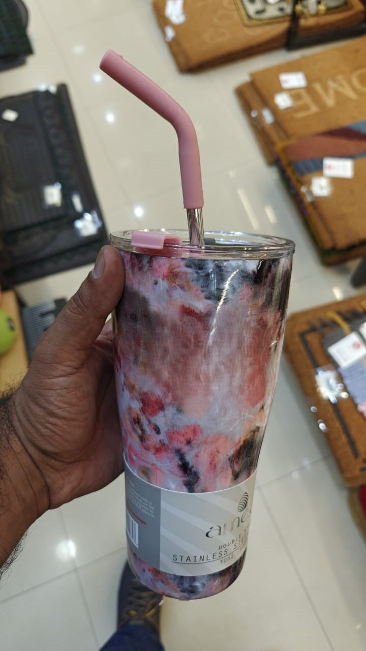 Stylish Marble Print Tumbler with Reusable Straw