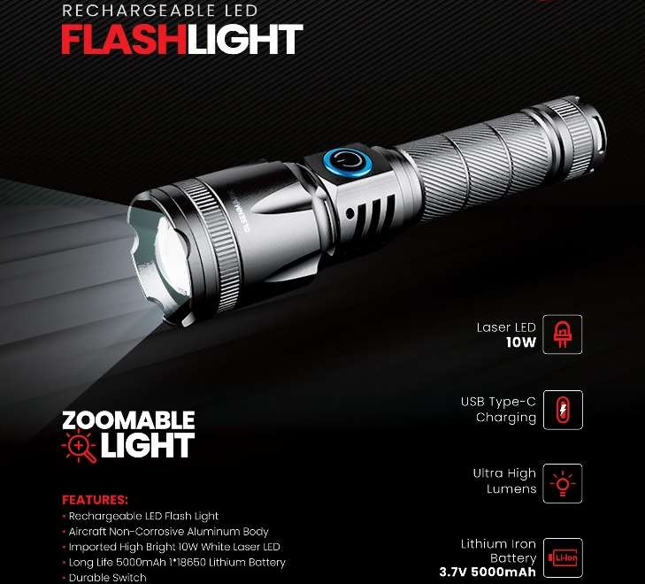 Rech Led Flashlight/Zoming 1x50