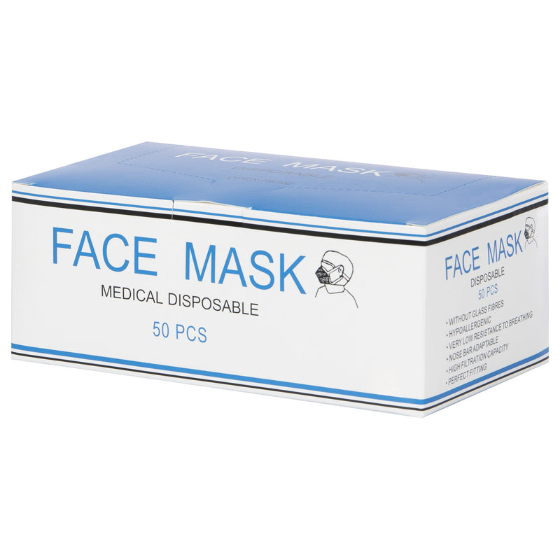 Medical disposable face mask with elastic band and nose clip, 50 pieces