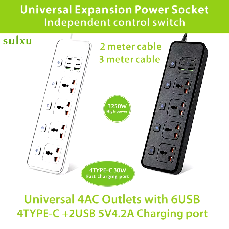 3250W 4.2A Max Socket Power Strip with USB Type-C