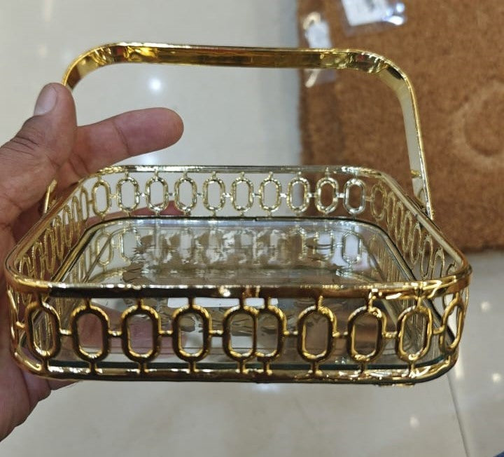 Gold-Tone Metal Tray with Glass Base