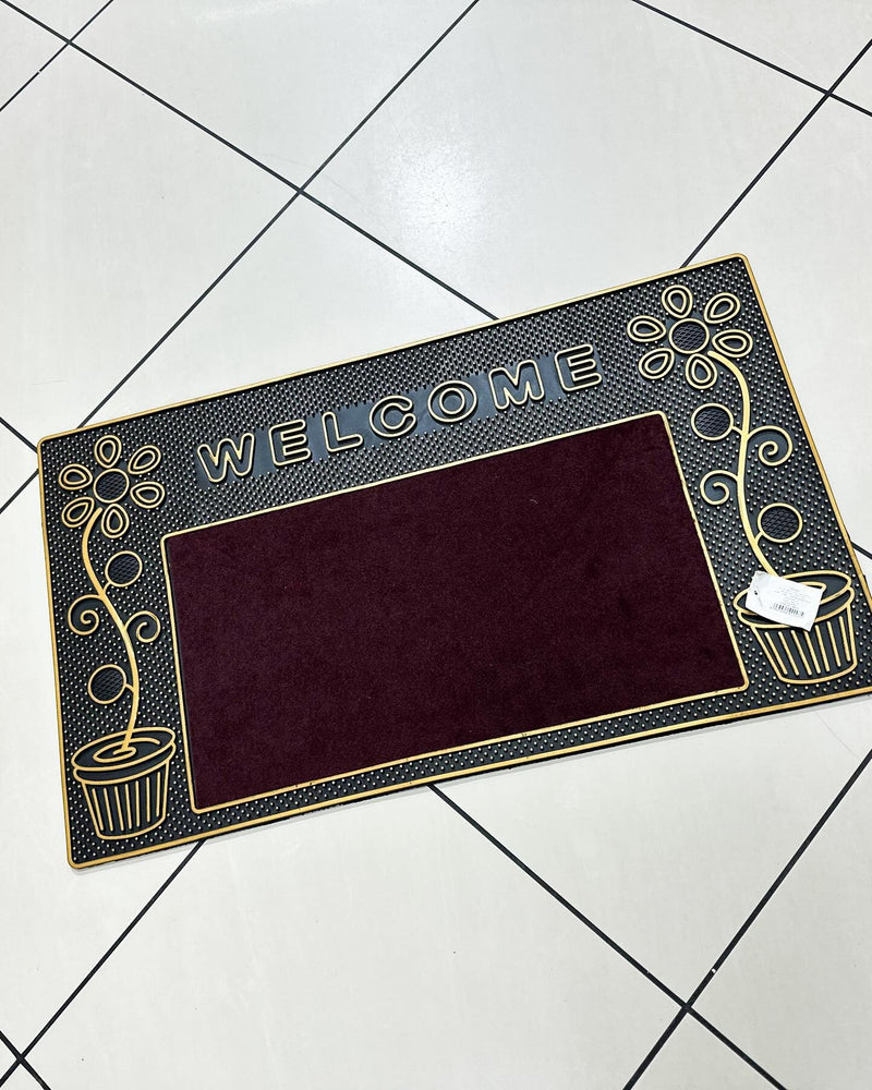 Floral Welcome Doormat with Red Carpet and Grey Border