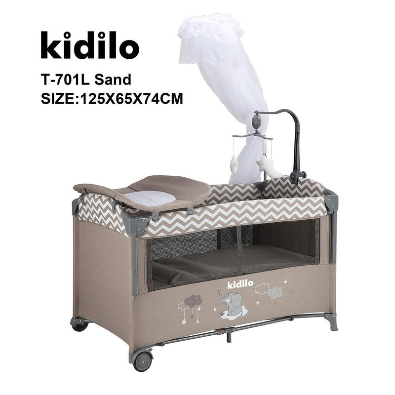 Kidilo T-701L Light Grey Portable Baby Crib with Changing Station and Canopy - Perfect for Travel and Home