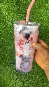 Stylish Marble Print Tumbler with Reusable Straw