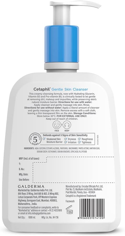 Cetaphil Face Wash ,Gentle Skin Cleanser for Dry, Normal Sensitive Skin - 1000 ml| Hydrating Face Wash with Niacinamide, Vitamin B5| Dermatologist Recommended| Paraben, Sulphate Free