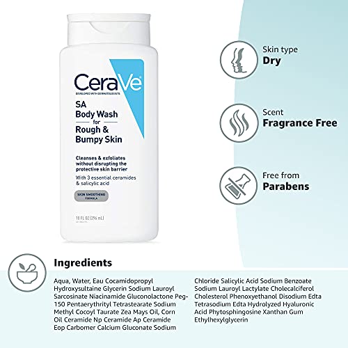 CeraVe Body Wash with Salicylic Acid 10 oz (296ml) – Fragrance-Free Exfoliating Body Wash for Rough and Bumpy Skin