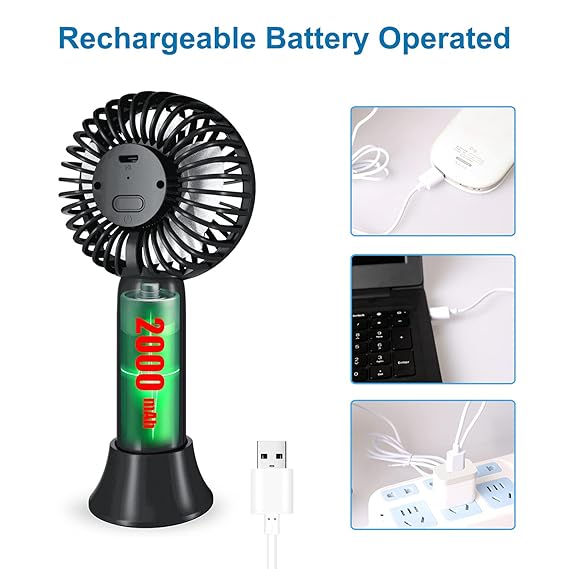 uper Mini Handheld Fan, Small Personal Portable Fan with Removable Base, USB Rechargeable Battery Operated Hand Held Fan with 3 Speeds for Women Men Kids Indoor, Outdoor, Makeup, Travel(Black)