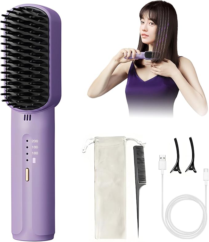 Portable Cordless Mini Hair Straightening Comb, 2024 New Hair Straightener Brush with Ion, USB Rechargeable Travel Hair Straightener, Anti-Scald Mini Hot Comb Purple-3200mAh Battery