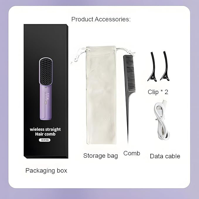 Portable Cordless Mini Hair Straightening Comb, 2024 New Hair Straightener Brush with Ion, USB Rechargeable Travel Hair Straightener, Anti-Scald Mini Hot Comb Purple-3200mAh Battery