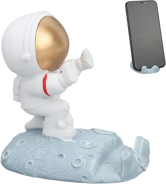 Decorative Astronaut Phone Stand with Gold Helmet on Moon Base – Unique and Functional Desk Accessory