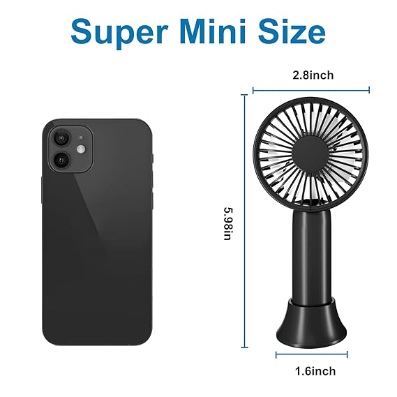 uper Mini Handheld Fan, Small Personal Portable Fan with Removable Base, USB Rechargeable Battery Operated Hand Held Fan with 3 Speeds for Women Men Kids Indoor, Outdoor, Makeup, Travel(Black)