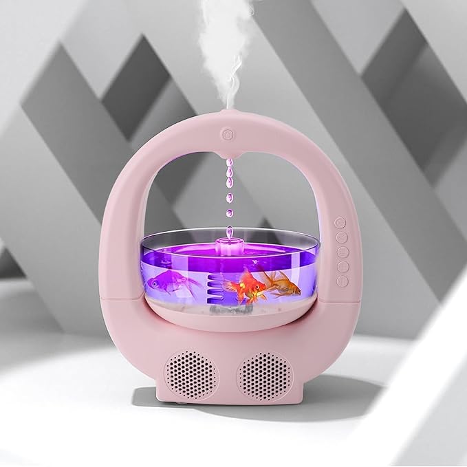 Cool Mist Humidifier 700ml Anti Water Drop Air Humidifier with Fish Tank Ambient Light Dual Speaker Quiet Ultrasonic Humidifiers Bedroom Rain Diffuser