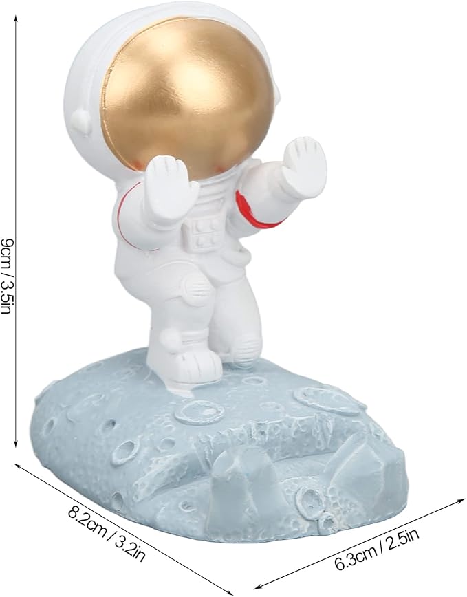 Decorative Astronaut Phone Stand with Gold Helmet on Moon Base – Unique and Functional Desk Accessory