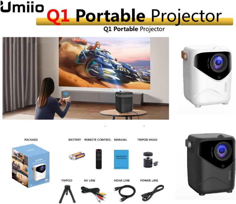 UMIIO Q1 Portable Video Projector 2.4/5G WiFi Bluetooth Quadrangle Trapezoid 0.8-5M Projection Distance 1920 * 1080 Resolution Android Projector For Move Music TV Game Casting with Tripod (Black)