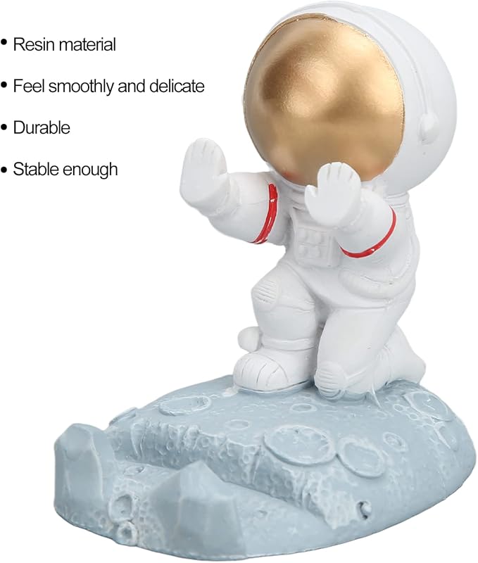 Decorative Astronaut Phone Stand with Gold Helmet on Moon Base – Unique and Functional Desk Accessory