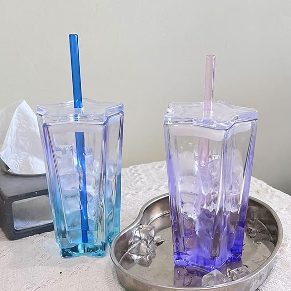 Star-Shaped Glass Cup with Lid and Straw