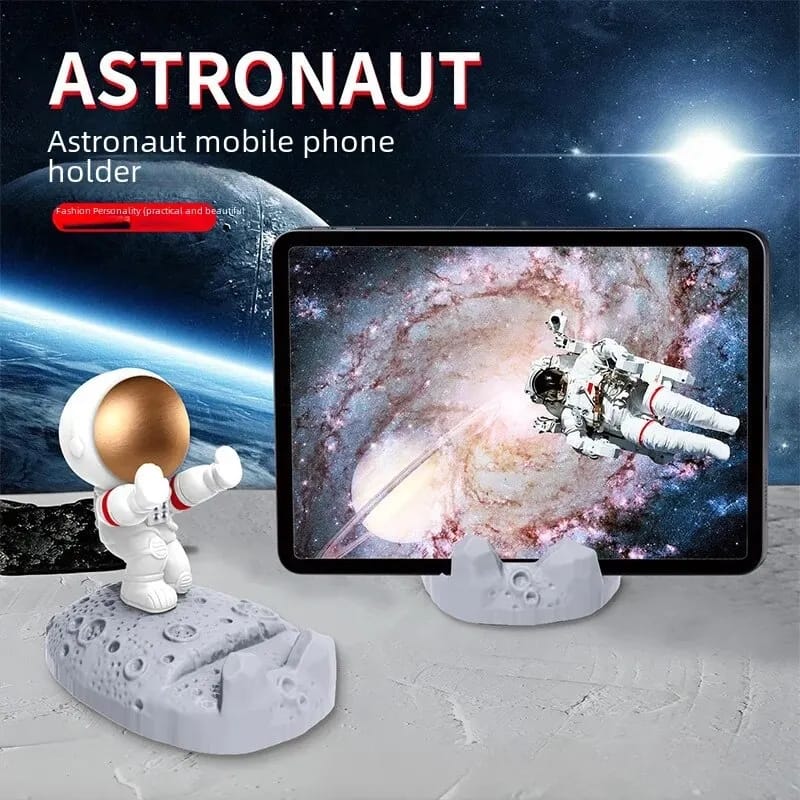 Decorative Astronaut Phone Stand with Gold Helmet on Moon Base – Unique and Functional Desk Accessory