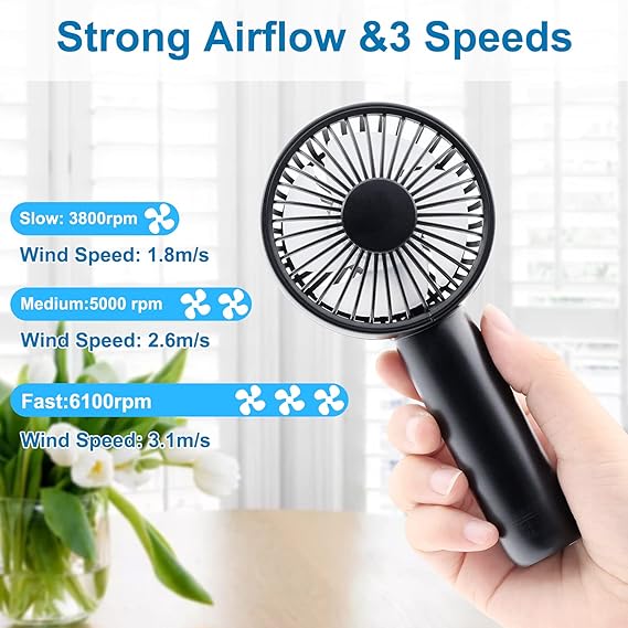 uper Mini Handheld Fan, Small Personal Portable Fan with Removable Base, USB Rechargeable Battery Operated Hand Held Fan with 3 Speeds for Women Men Kids Indoor, Outdoor, Makeup, Travel(Black)