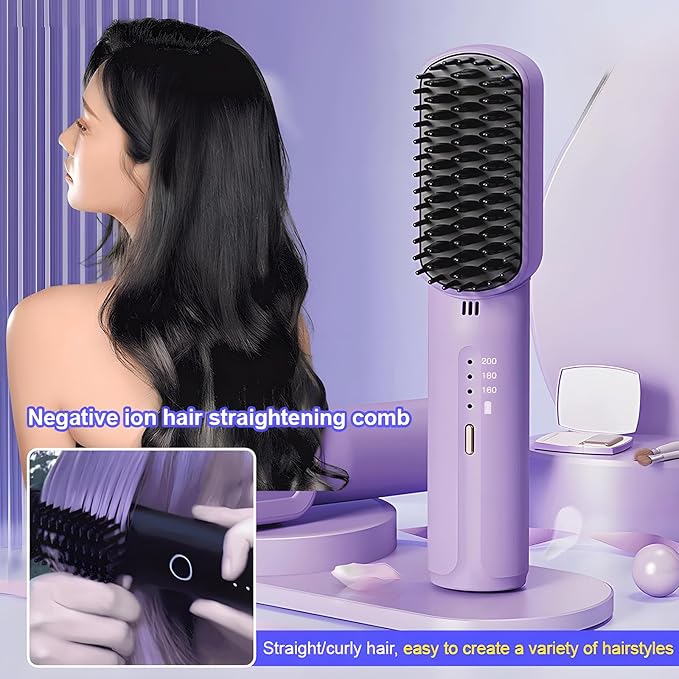 Portable Cordless Mini Hair Straightening Comb, 2024 New Hair Straightener Brush with Ion, USB Rechargeable Travel Hair Straightener, Anti-Scald Mini Hot Comb Purple-3200mAh Battery