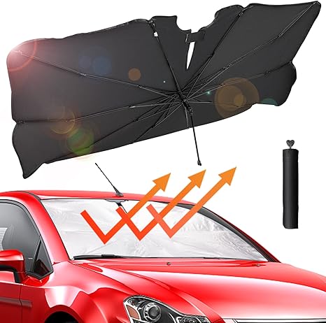 Car Umbrella Sun Shade Cover for Windshield, Vuteehy Compact Reflective Sunshade Shield for Vehicle Front Window Block UV and Heat, Automotive Sun Protection Visor with 360° Rotation Handle (57"X31")