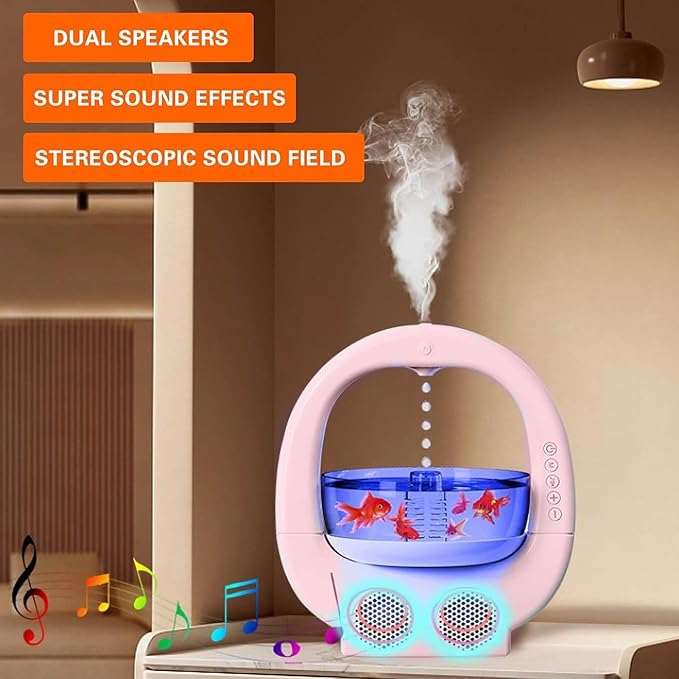 Cool Mist Humidifier 700ml Anti Water Drop Air Humidifier with Fish Tank Ambient Light Dual Speaker Quiet Ultrasonic Humidifiers Bedroom Rain Diffuser