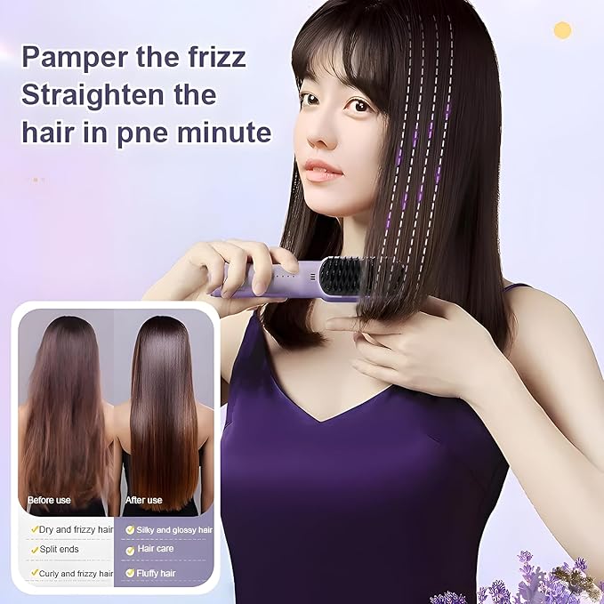 Portable Cordless Mini Hair Straightening Comb, 2024 New Hair Straightener Brush with Ion, USB Rechargeable Travel Hair Straightener, Anti-Scald Mini Hot Comb Purple-3200mAh Battery