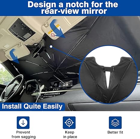 Car Umbrella Sun Shade Cover for Windshield, Vuteehy Compact Reflective Sunshade Shield for Vehicle Front Window Block UV and Heat, Automotive Sun Protection Visor with 360° Rotation Handle (57"X31")