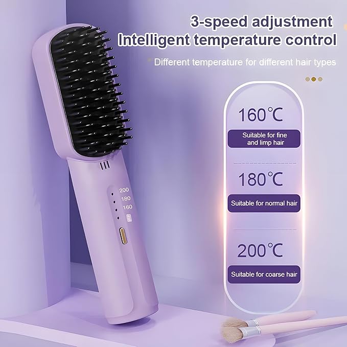 Portable Cordless Mini Hair Straightening Comb, 2024 New Hair Straightener Brush with Ion, USB Rechargeable Travel Hair Straightener, Anti-Scald Mini Hot Comb Purple-3200mAh Battery