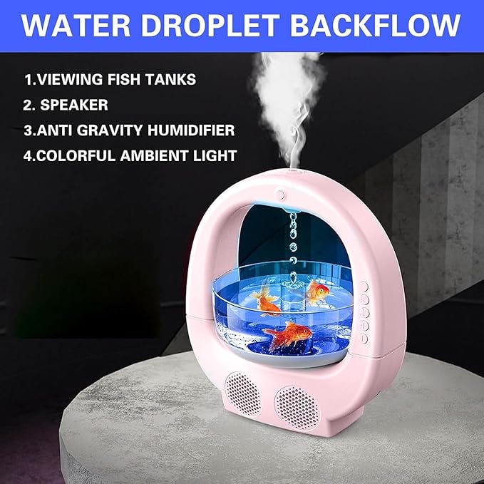 Cool Mist Humidifier 700ml Anti Water Drop Air Humidifier with Fish Tank Ambient Light Dual Speaker Quiet Ultrasonic Humidifiers Bedroom Rain Diffuser