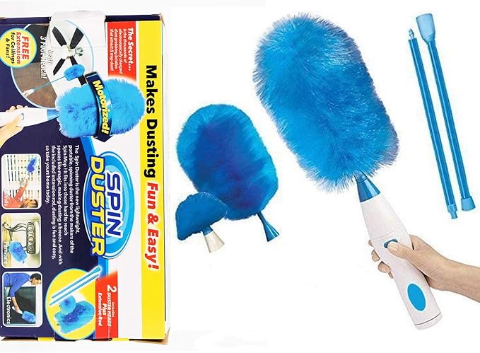 360 ° Spin Hurricane Adjustable Electric Feather Duster Vacuum Cleaner Battery Operated with Touch Button, Blue Multifunction Electric Duster