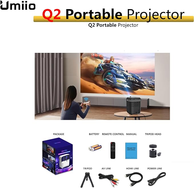 Umiio Q2 Video Projector 5G WiFi Bluetooth Quadrangle Trapezoid 5M Projection Distance 1080P Resolution Portable Outdoor Movie Projector Compatible with Smartphone, HDMI,USB,AV,Fire Stick (Black)