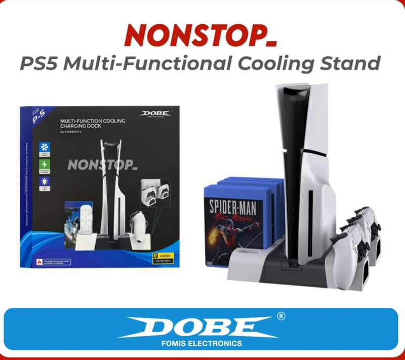 Dobe PS5 Cooling Stand with Dual Controller Charging & Game Disc Storage