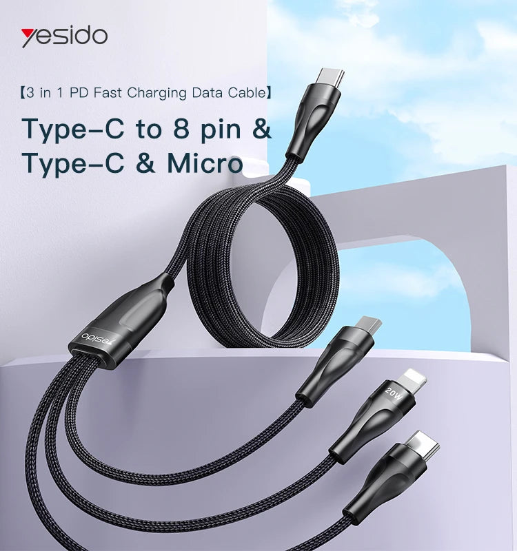 CA89 3 in 1 data cable Nylon + Aluminum Alloy 3 in 1 data cable IP support 20W and data TC and Micro each Max 2Amper Total Max 3.5Amper