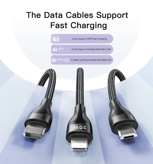 CA89 3 in 1 data cable Nylon + Aluminum Alloy 3 in 1 data cable IP support 20W and data TC and Micro each Max 2Amper Total Max 3.5Amper