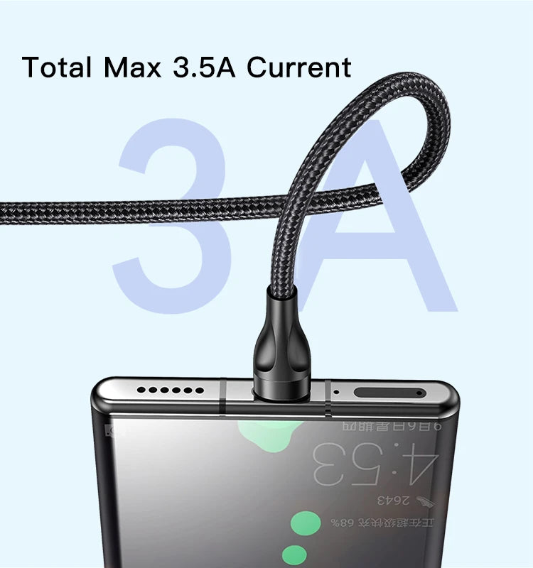 CA89 3 in 1 data cable Nylon + Aluminum Alloy 3 in 1 data cable IP support 20W and data TC and Micro each Max 2Amper Total Max 3.5Amper