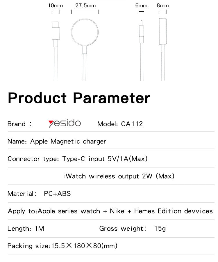 CA112 Type C Watch Cable Type-c watch charger  material: ABS+PC