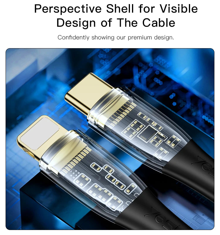 CA101 (27W)  -3A C & Lightning Data cable 1.2M 1.2m TPE+PC transparent gold braided data cable C-Lightning PD-20W Output : 3A