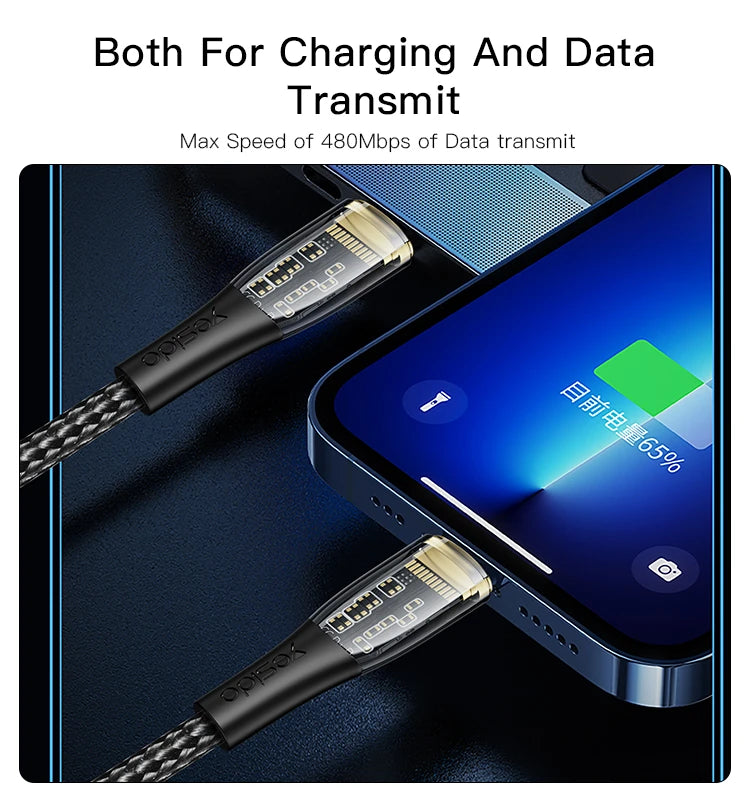 CA101 (27W)  -3A C & Lightning Data cable 1.2M 1.2m TPE+PC transparent gold braided data cable C-Lightning PD-20W Output : 3A