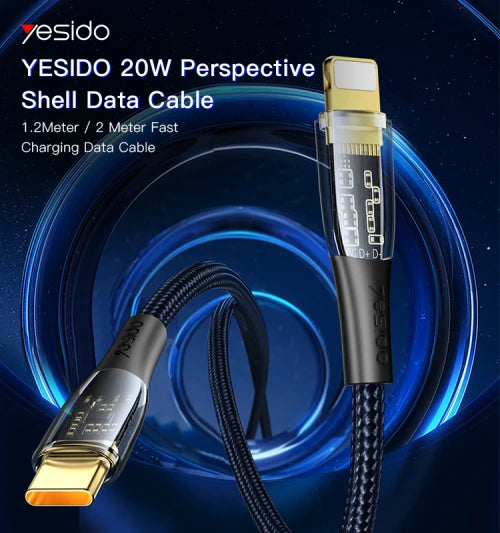 CA101 (27W)  -3A C & Lightning Data cable 1.2M 1.2m TPE+PC transparent gold braided data cable C-Lightning PD-20W Output : 3A