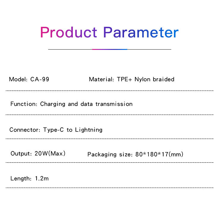 CA99 (27W) LED Display C &C Data cable 1.2M -3A 1.2m with LED light  TPE+ braided C-lighning PD20W data cable 65 pcs copper wire *2C 16 pcs copper wire *2C PVC+ PP braided OD: 4.0mm Output : 3A