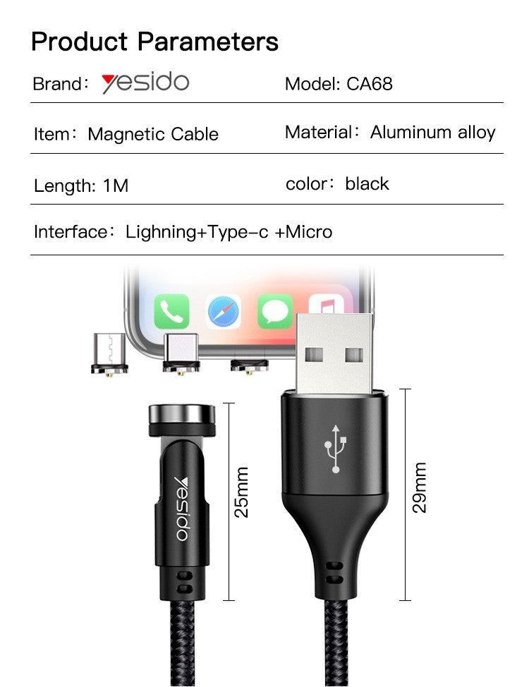 CA68 540°Rotation Magnetic data cable Nylon Braided Cable Compatible: For ALL mobile devices