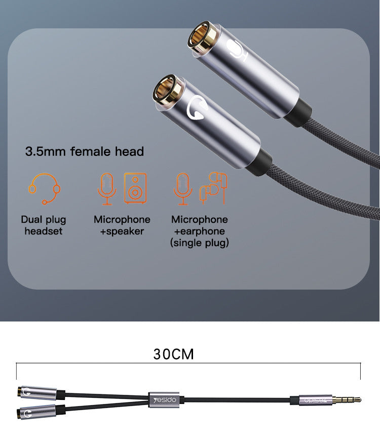 YAU28 Audio Splitter 3.5mm Male to Dual  3.5mm Female Mircophone Headset  Audio cables Lenght:30cm