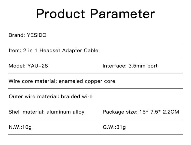 YAU28 Audio Splitter 3.5mm Male to Dual  3.5mm Female Mircophone Headset  Audio cables Lenght:30cm