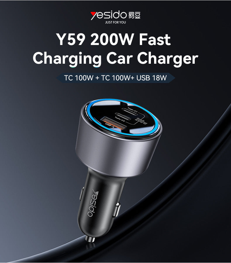 Y59 200W USB-A,TYPE C1,TYPE-C2 Car charger